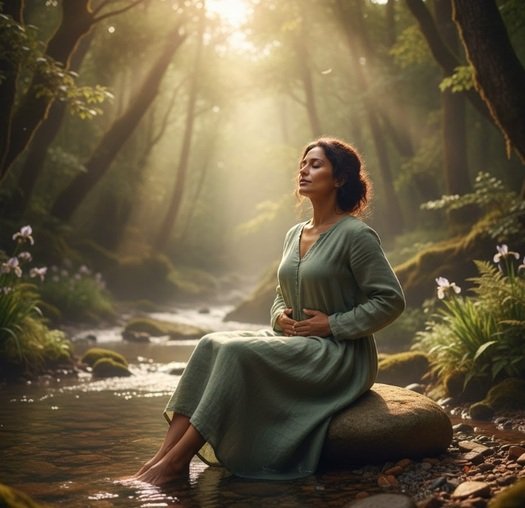 mujer ojos cerrados manos abdomen 2