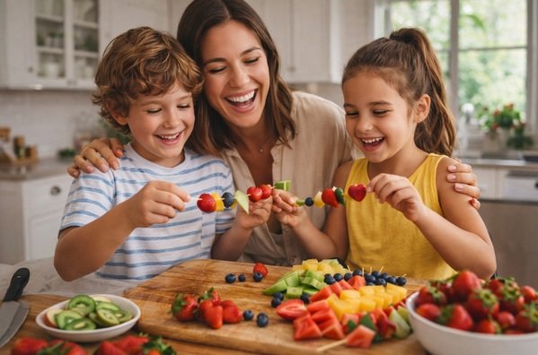 madre con hijos fruta